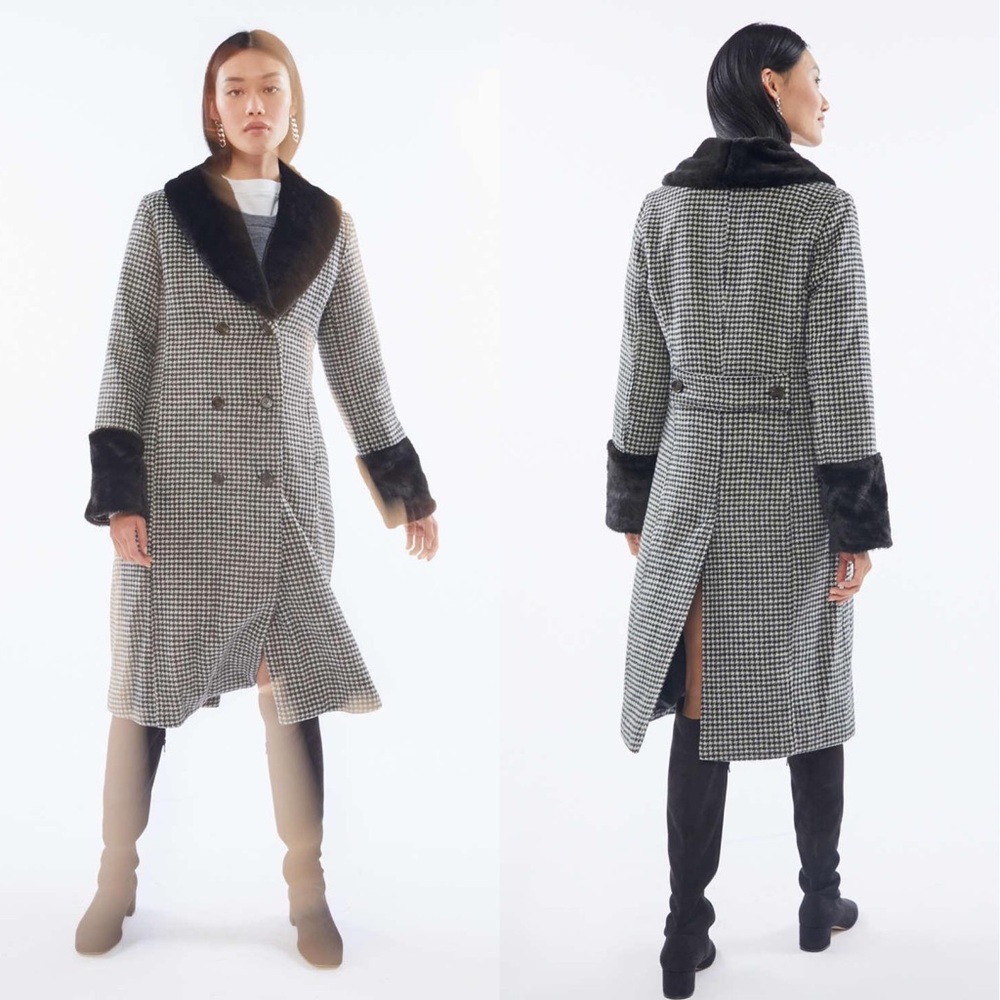 New Urban Outfitters Kaia Plaid Fur Pea Coat - Picture 1 of 8